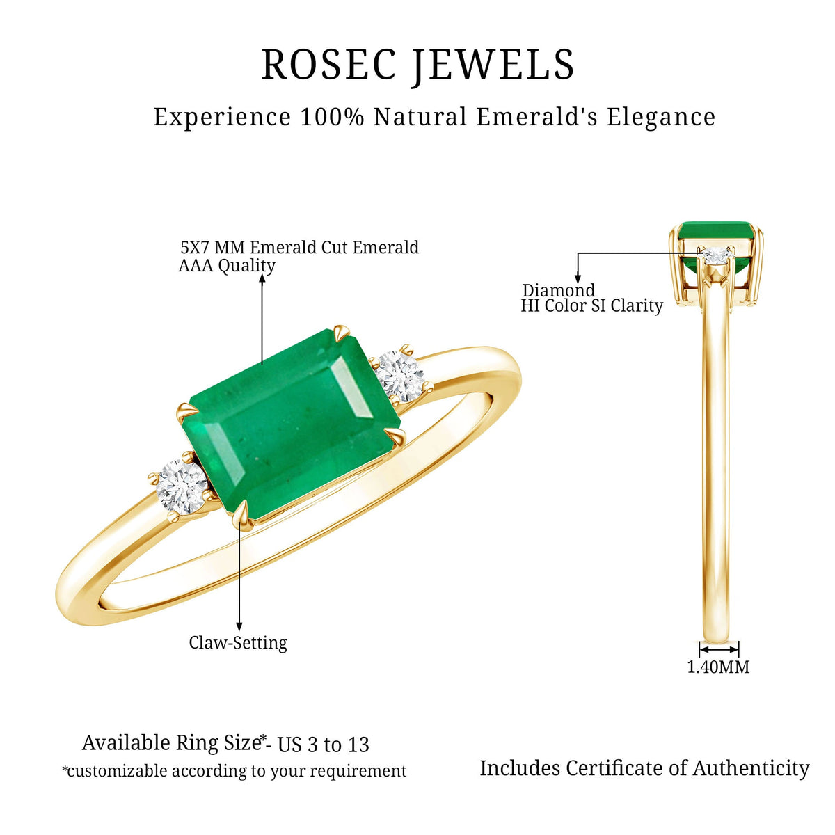 Real Emerald Cut Emerald East West Engagement Ring with Diamond