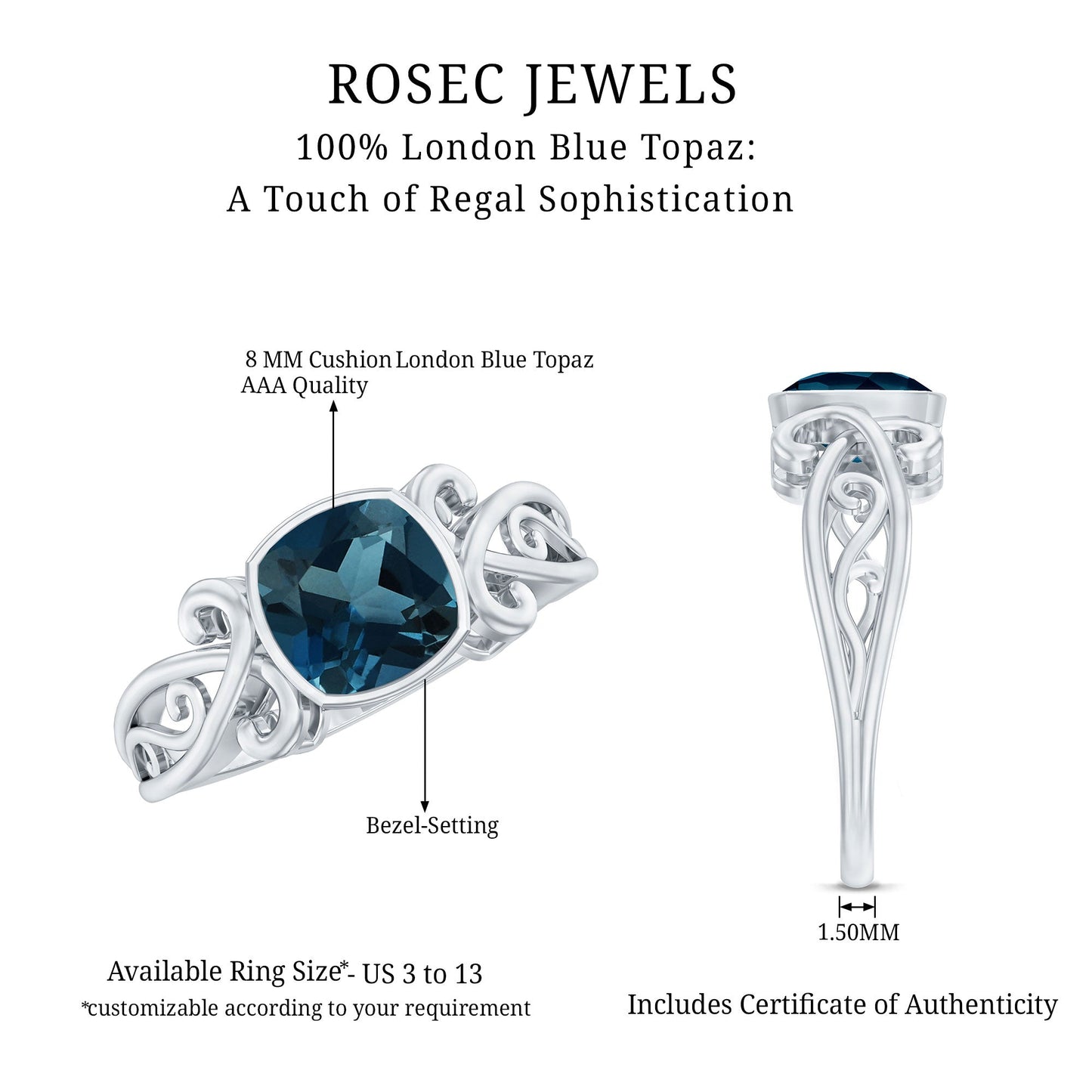 2.8 Carat Cushion Cut London Blue Topaz Vintage Solitaire Ring