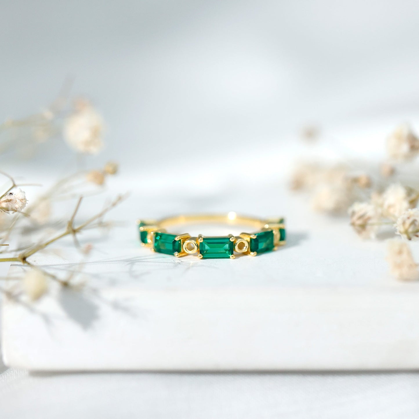 Baguette Cut Lab Grown Emerald Eternity Wedding Band