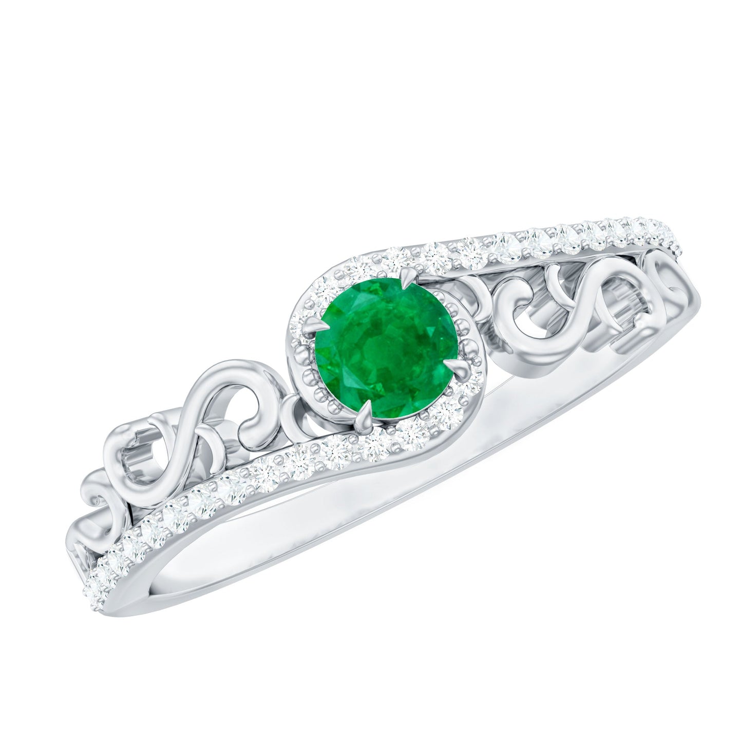 Vintage Style Emerald Engagement Ring with Diamond Bypass Shank