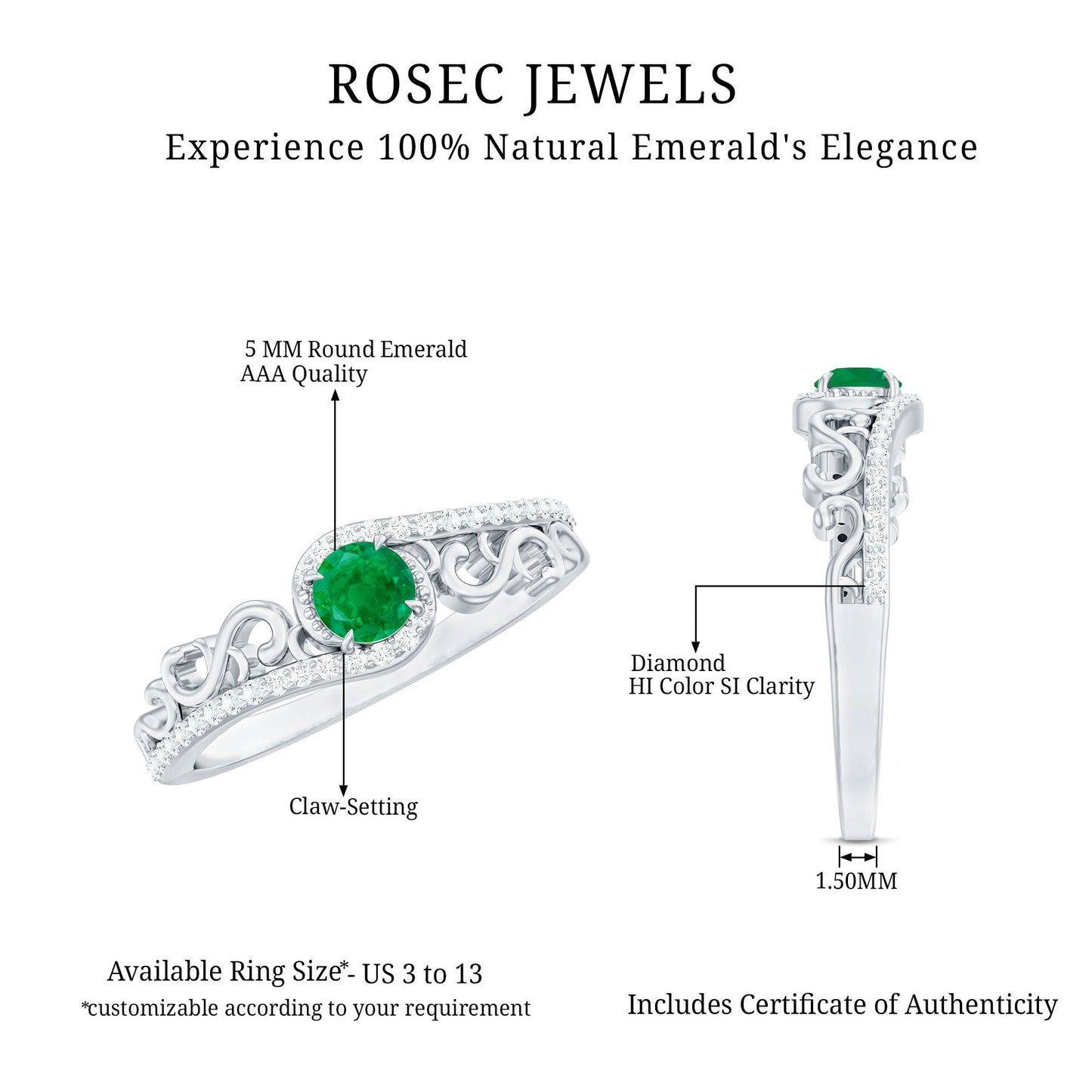 Vintage Style Emerald Engagement Ring with Diamond Bypass Shank