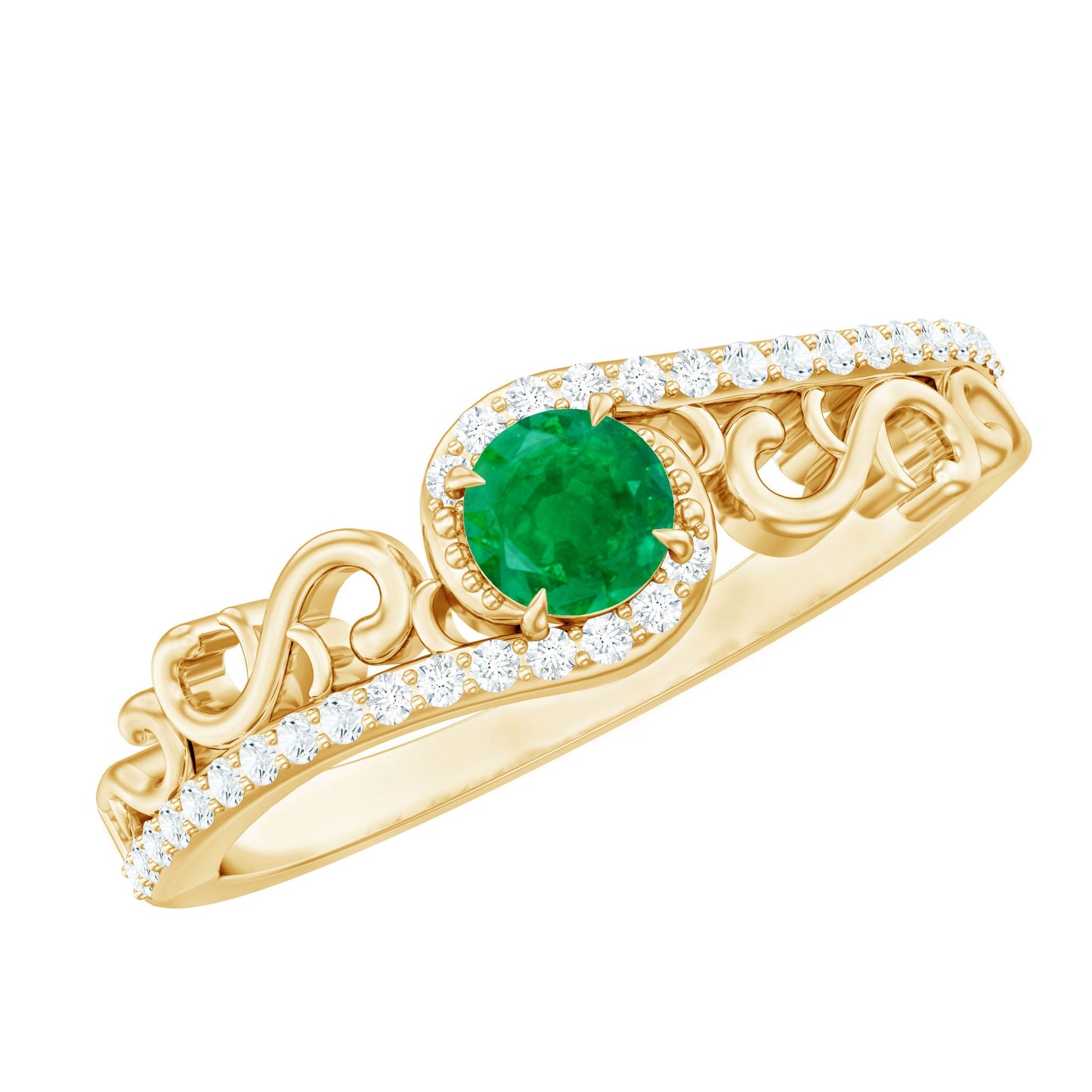 Vintage Style Emerald Engagement Ring with Diamond Bypass Shank