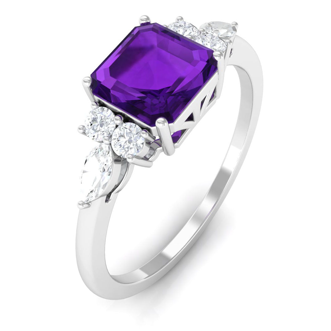 Certified Real 3 Carat Asscher Cut Amethyst Engagement Ring with Diamond Trio