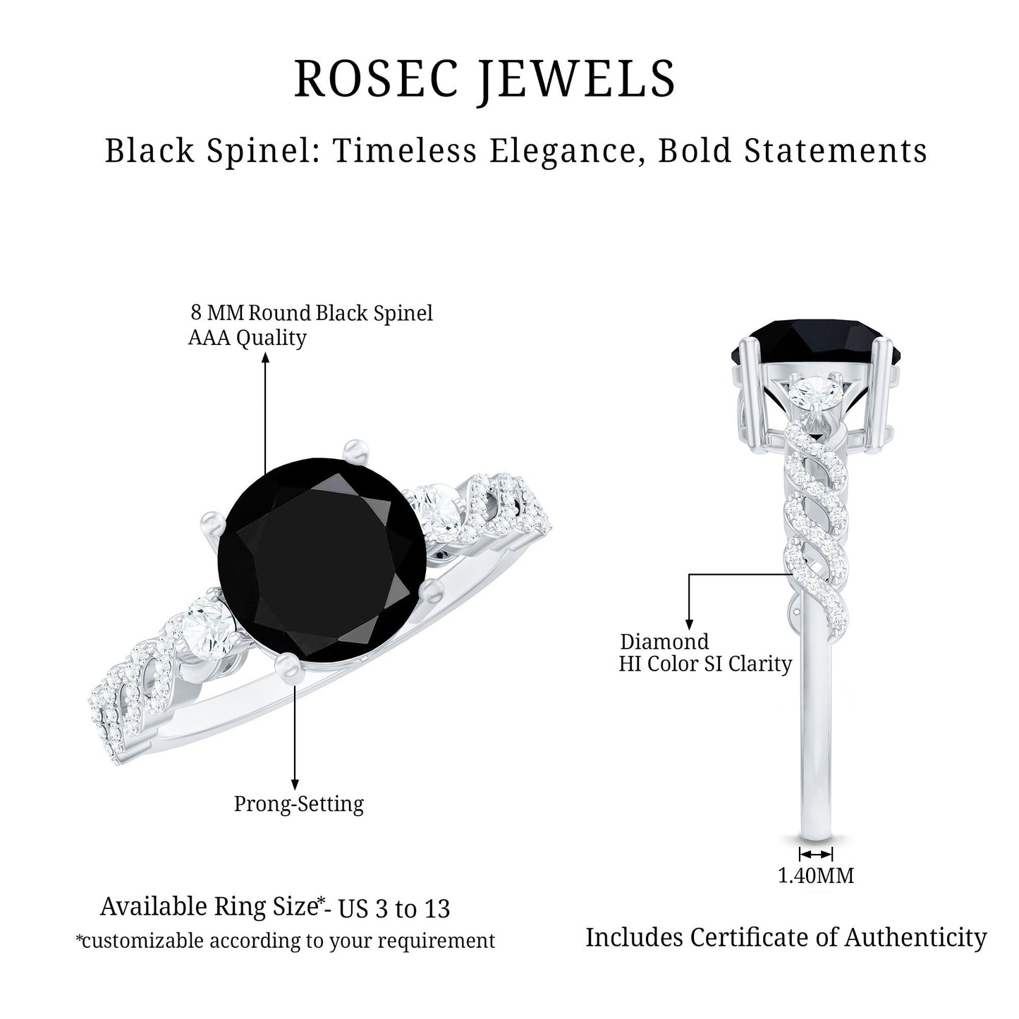 Designer 2.6 Carat Black Spinel Engagement Ring with Diamond