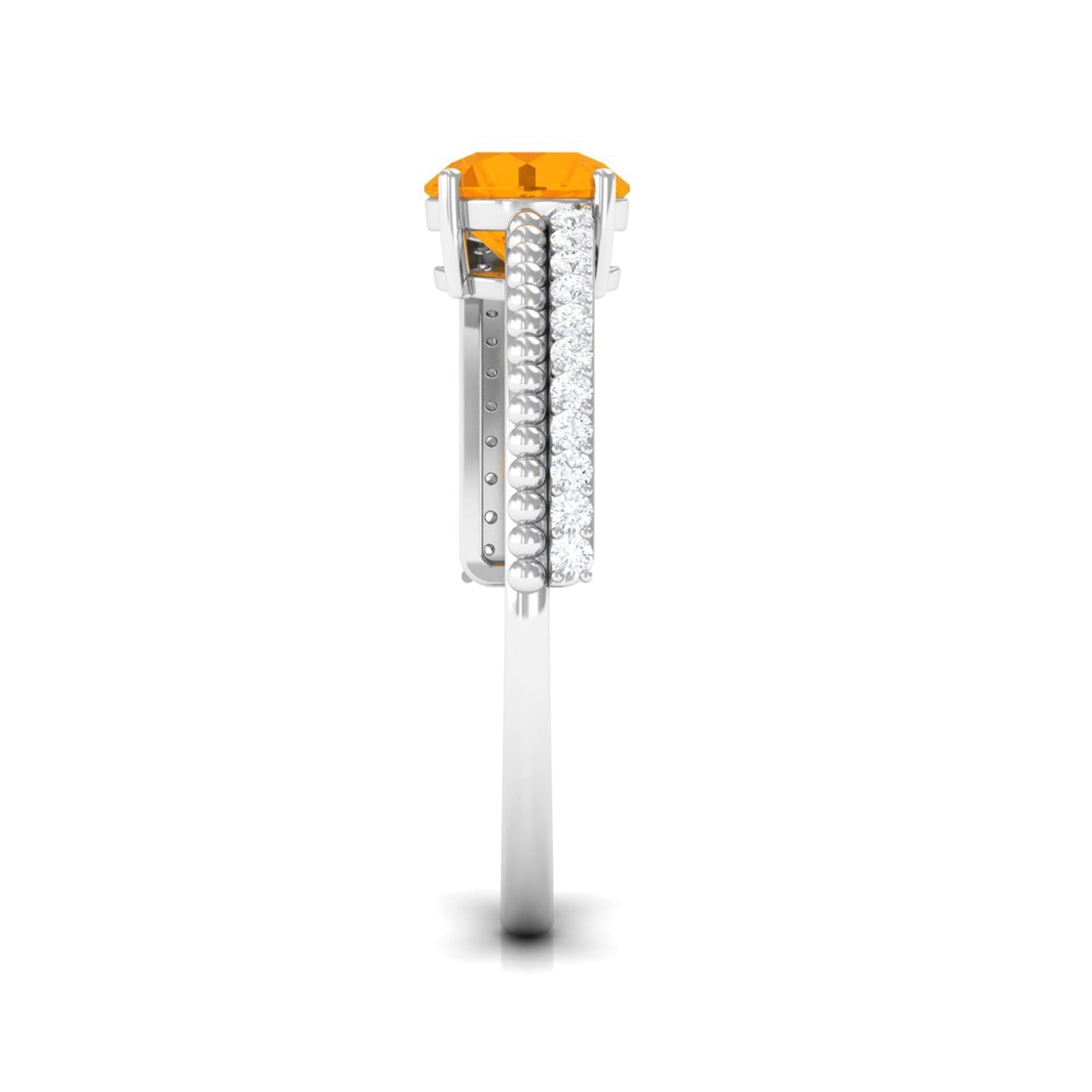 0.7 Carat Round Fire Opal Solitaire Ring with Diamond and Beaded Shank