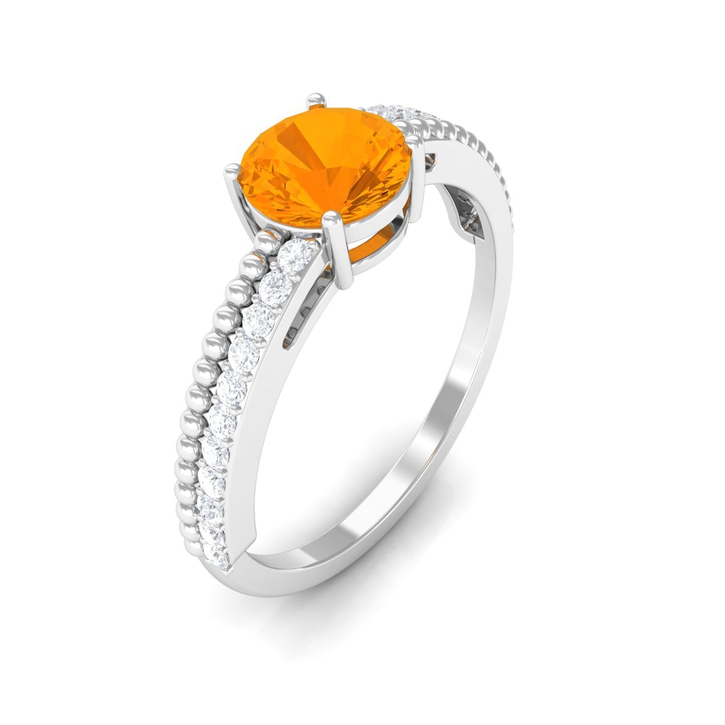 0.7 Carat Round Fire Opal Solitaire Ring with Diamond and Beaded Shank