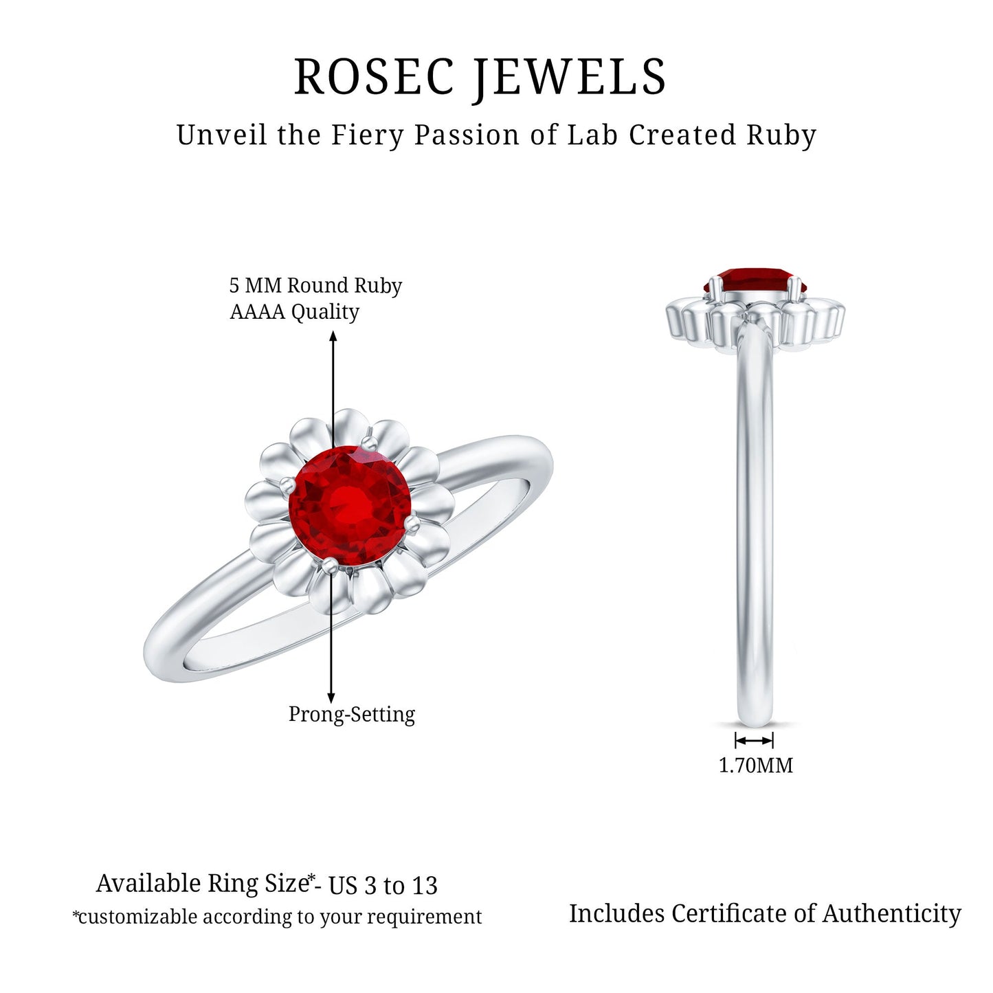 Solitaire Lab Grown Ruby Flower Promise Ring for Her