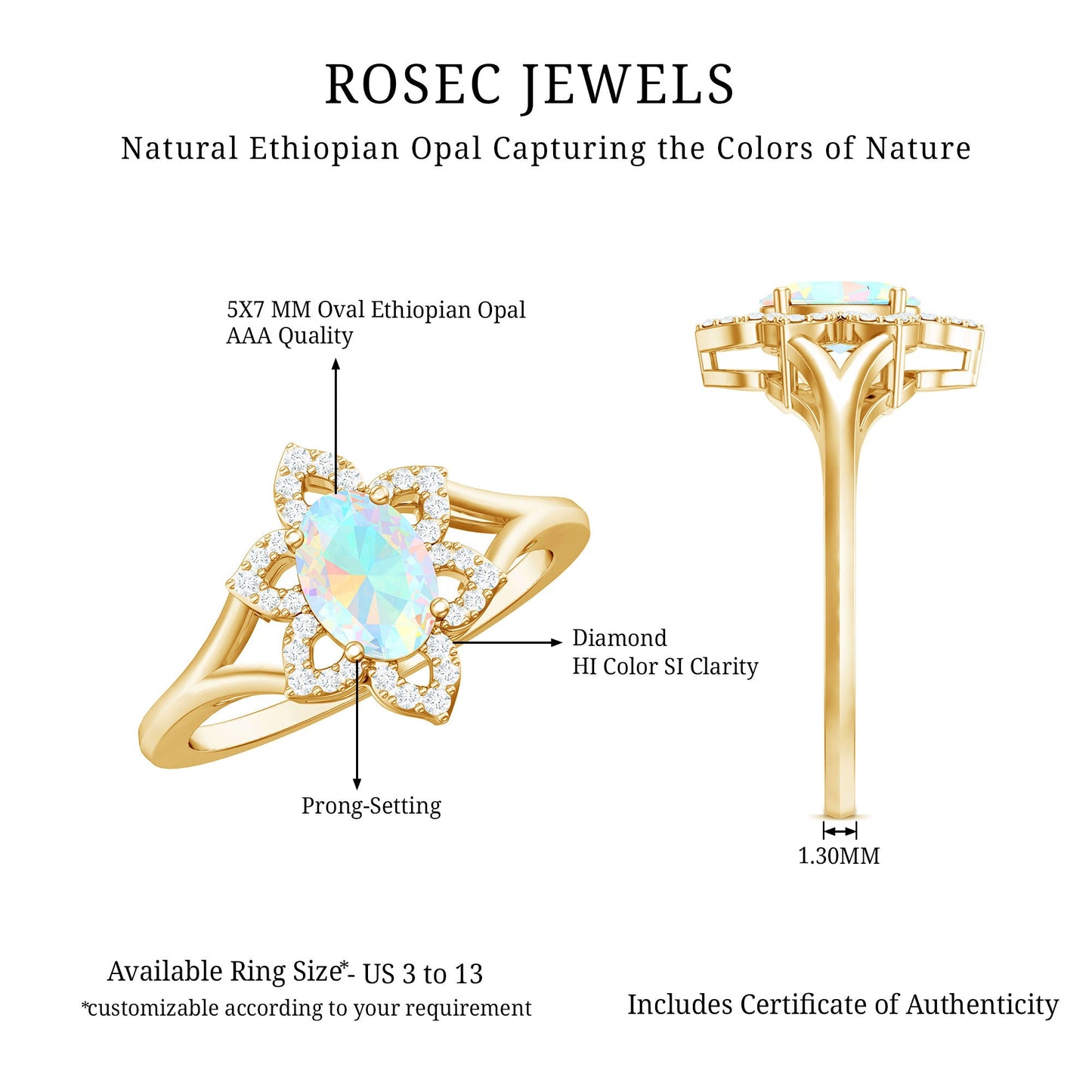 Real Oval Ethiopian Opal Diamond Flower Engagement Ring with Split Shank