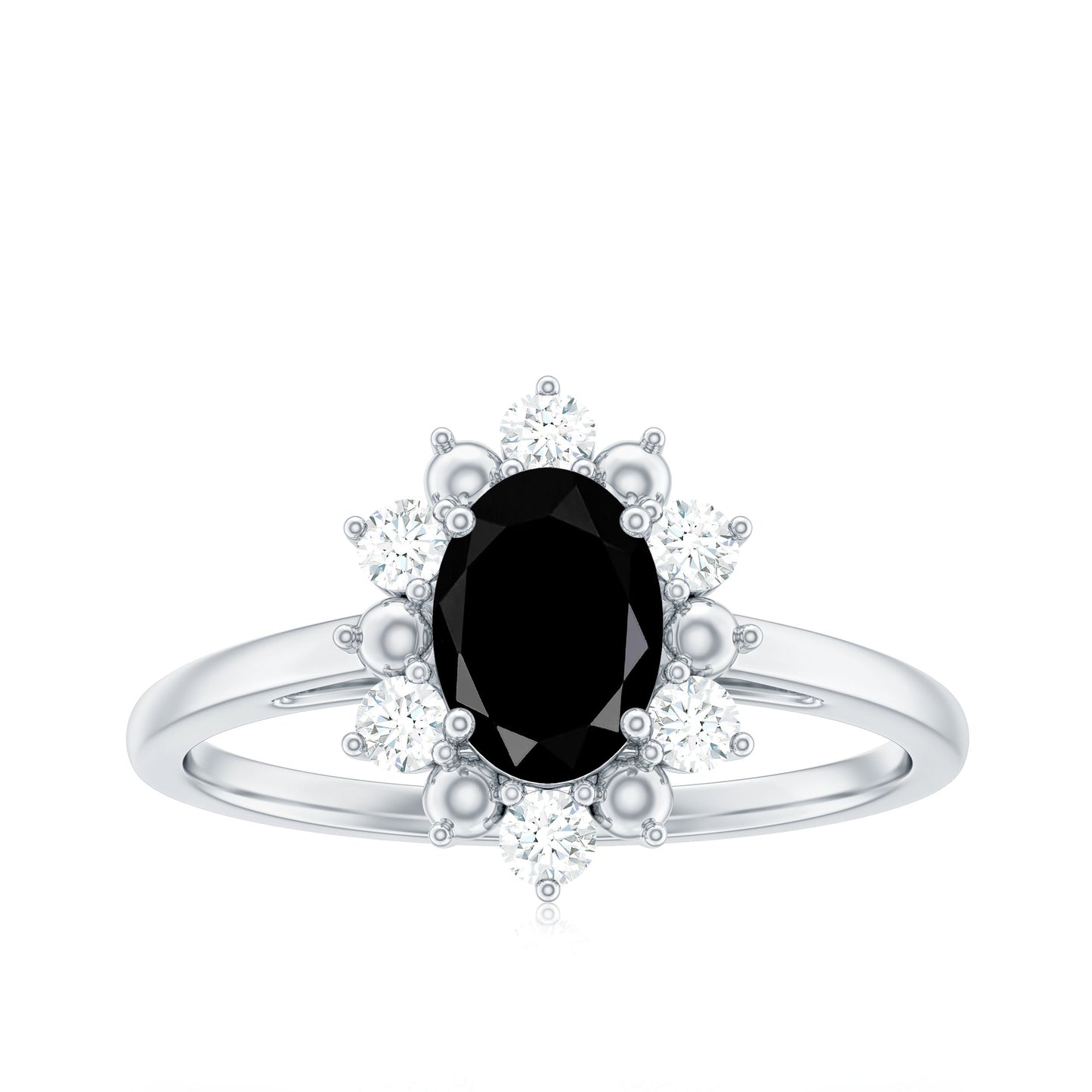 Oval Created Black Diamond Floral Halo Engagement Ring with Diamond