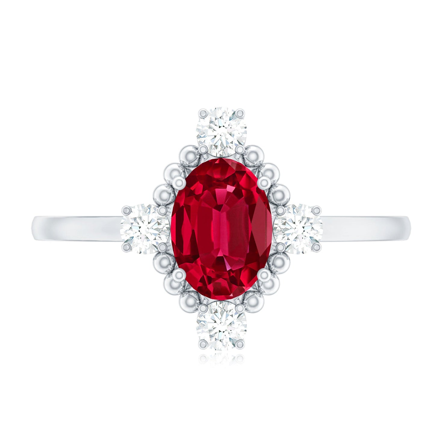 Vintage Inspired Lab Grown Ruby Oval Engagement Ring with Diamonds