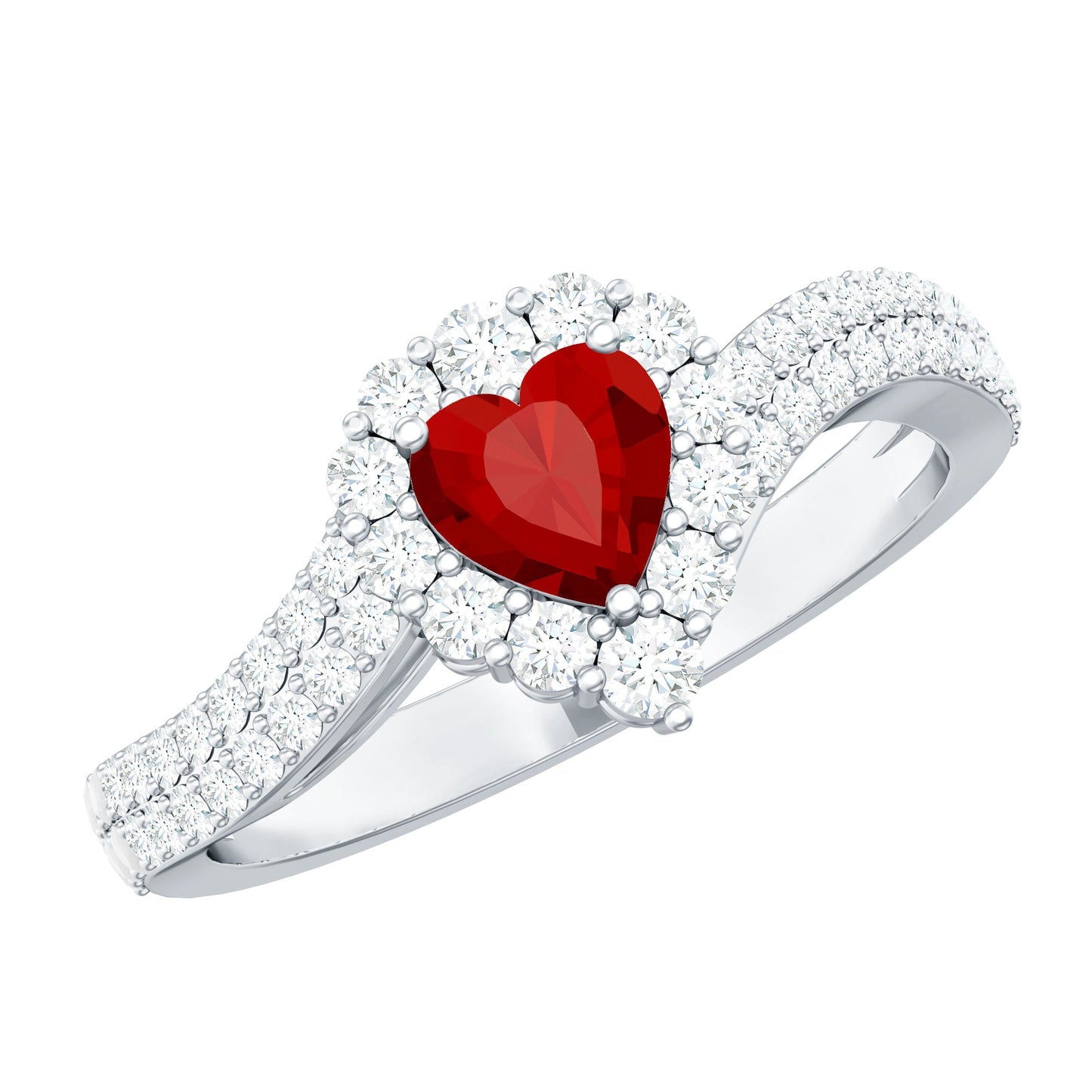 Heart Shape Lab Made Ruby and Moissanite Bypass Engagement Ring