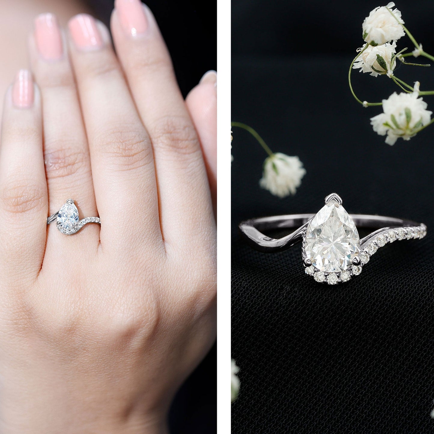 Certified Moissanite Designer Pear Shape Engagement Ring