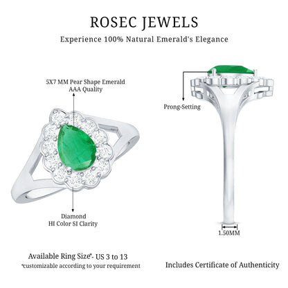 0.6 Carat Pear Cut Emerald Engagement Ring with Diamond Halo