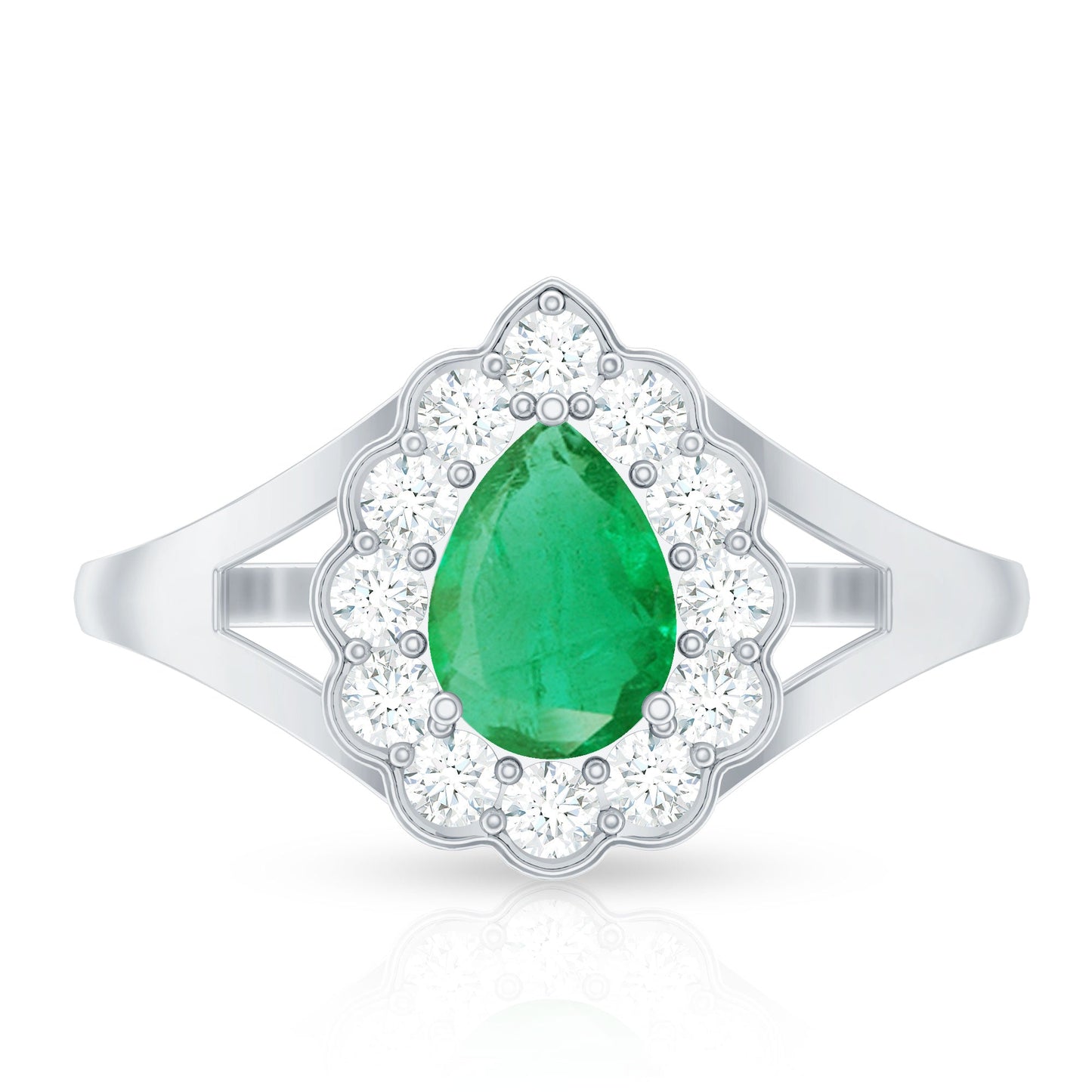 0.6 Carat Pear Cut Emerald Engagement Ring with Diamond Halo
