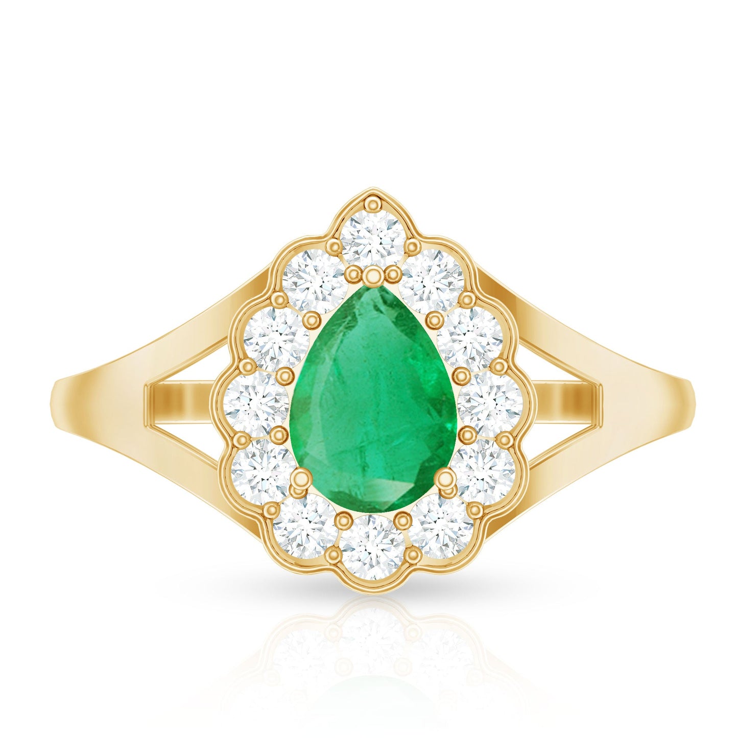 0.6 Carat Pear Cut Emerald Engagement Ring with Diamond Halo