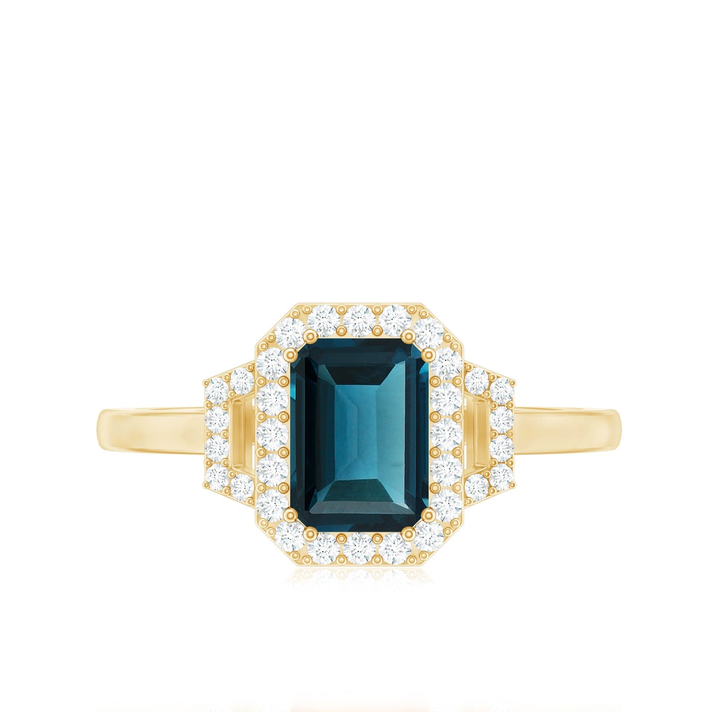 Emerald Cut Blue Topaz and Diamond Halo Engagement Ring