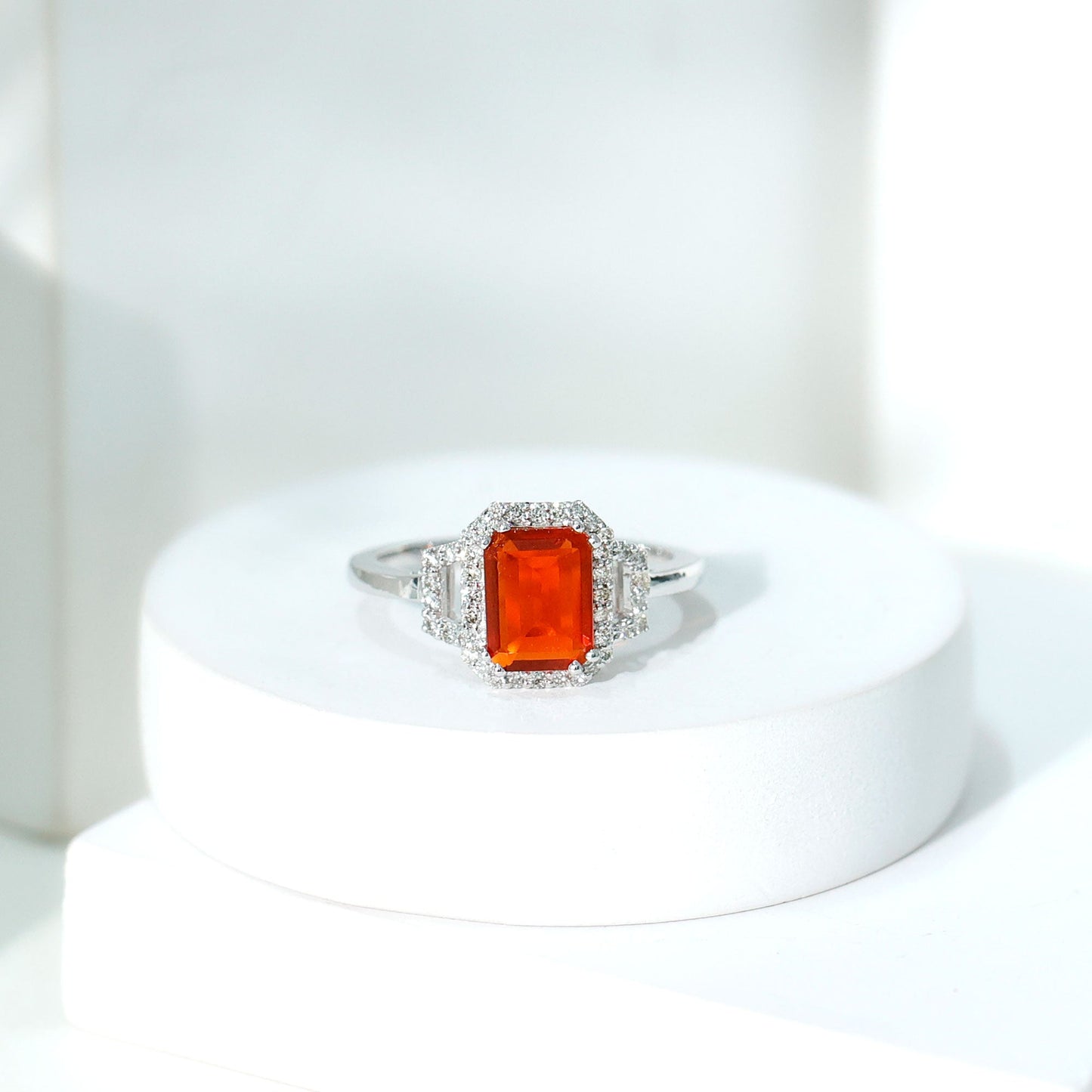 1 Carat Emerald Cut Fire Opal Engagement Ring with Diamond