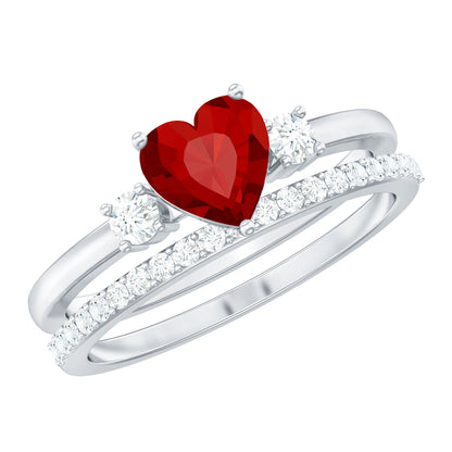 Heart Shape Created Ruby Ring Set with Diamond Enhancer