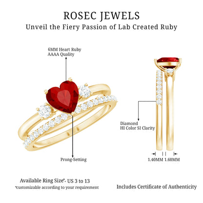 Heart Shape Created Ruby Ring Set with Diamond Enhancer