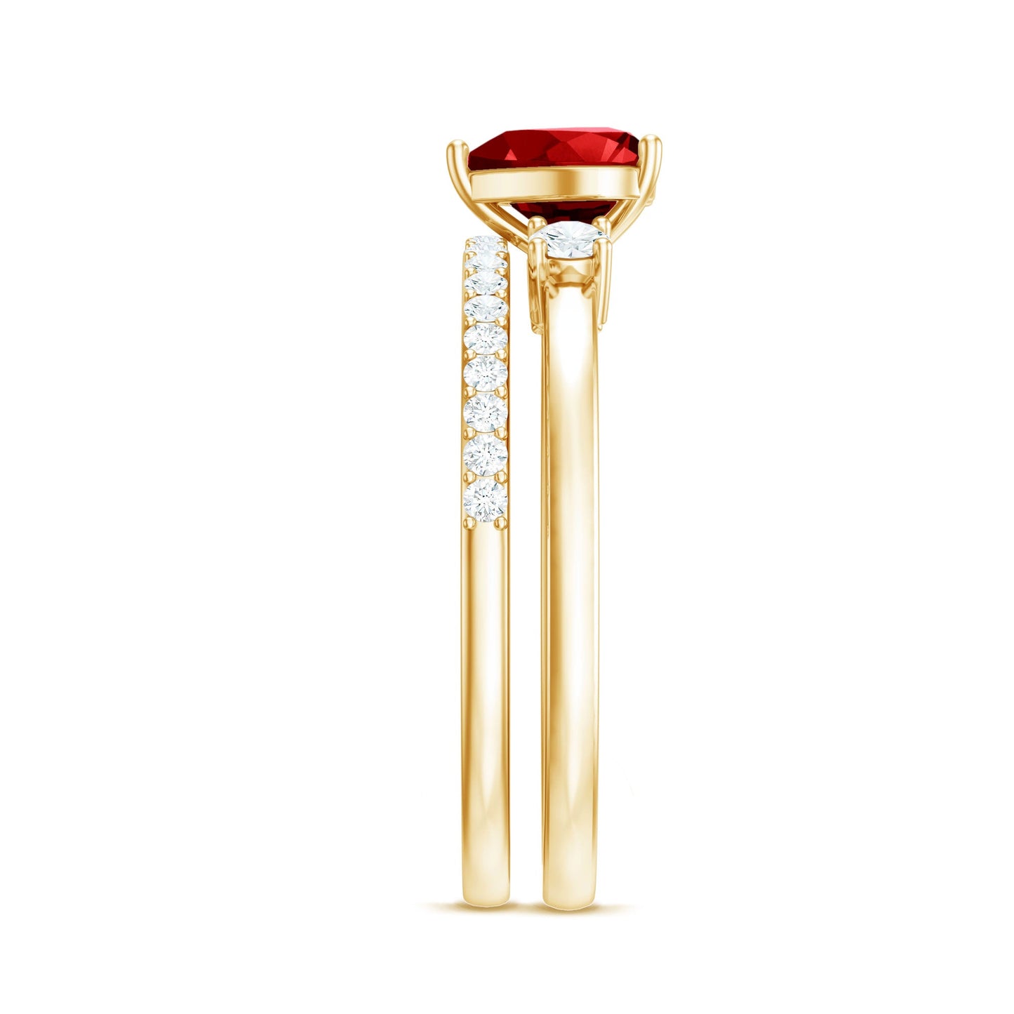 Heart Shape Created Ruby Ring Set with Diamond Enhancer