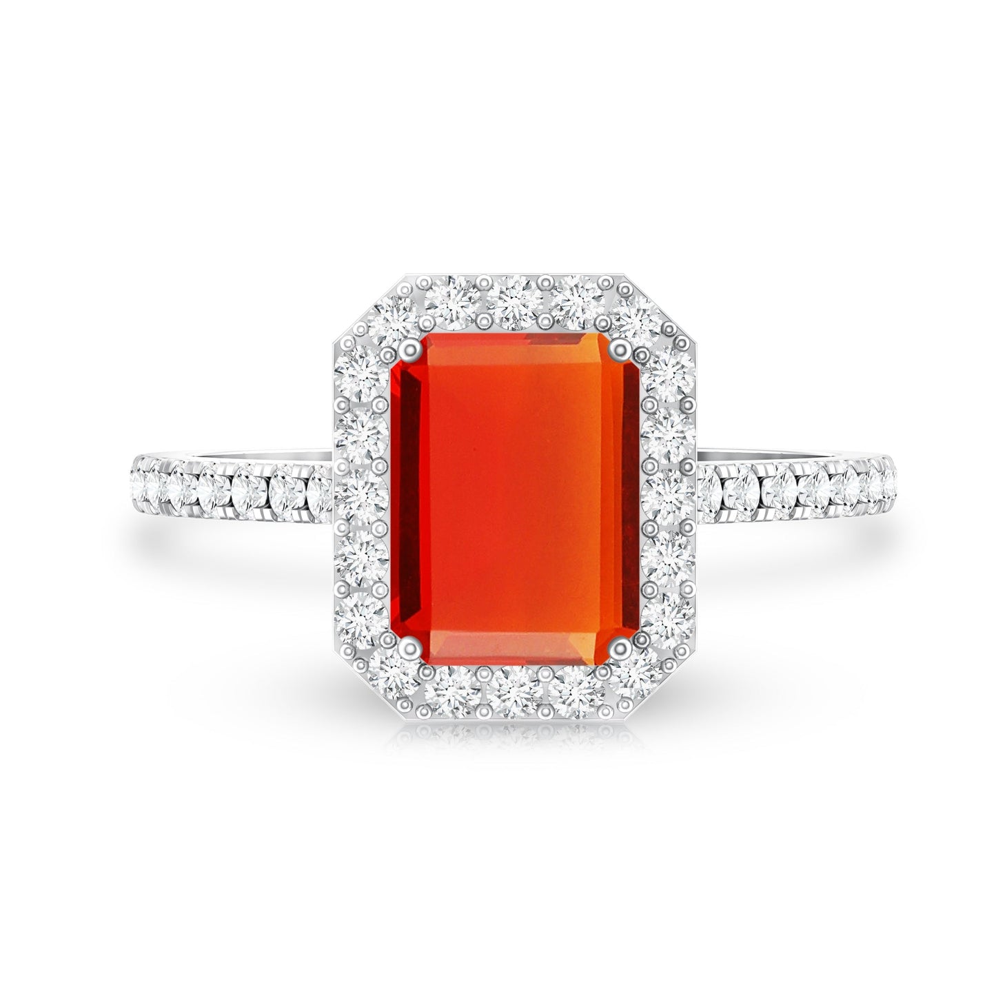 Emerald Cut Fire Opal Simple Engagement Ring with Diamond Halo