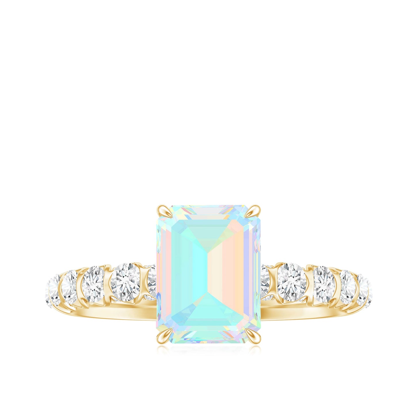 Genuine Ethiopian Opal Emerald Cut Engagement Ring with Diamond Side Stones