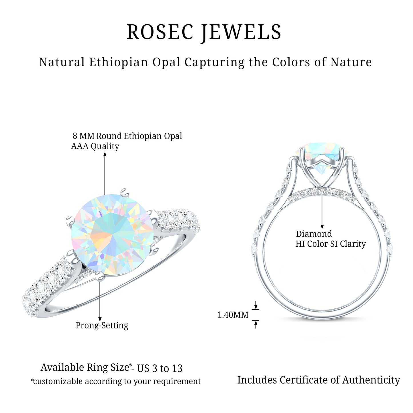 Natural 2 Carat Ethiopian Opal Diamond Engagement Ring with Side Stones