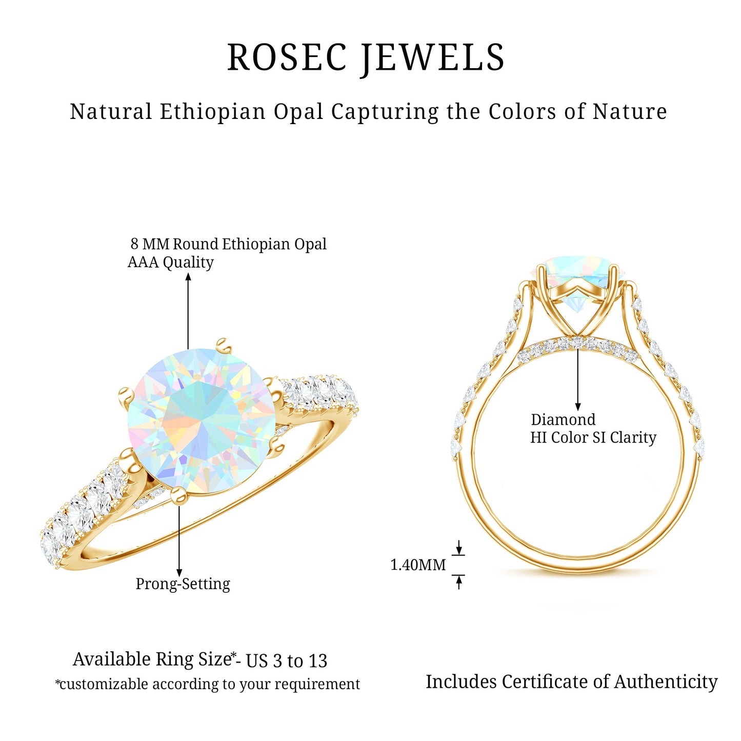 Natural 2 Carat Ethiopian Opal Diamond Engagement Ring with Side Stones
