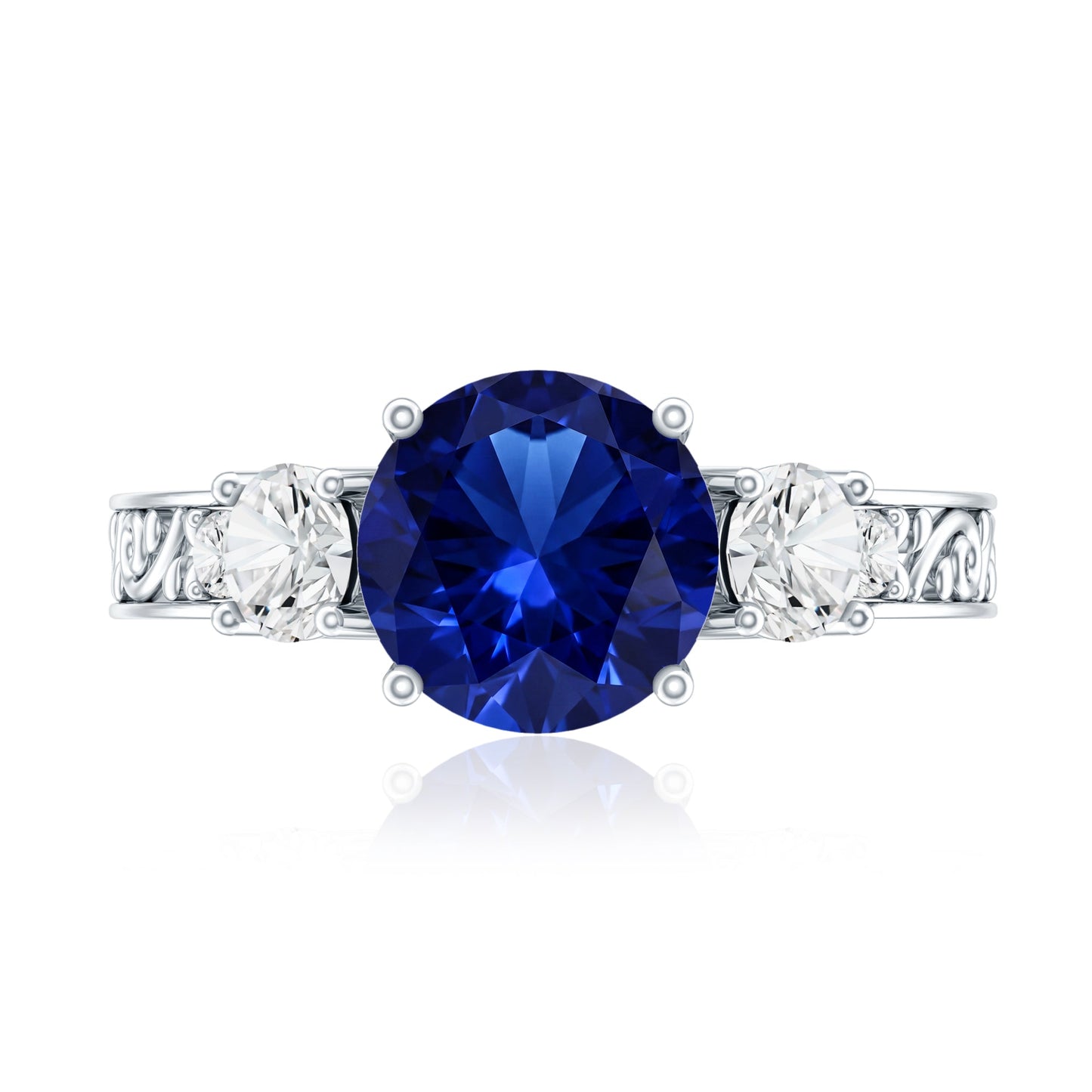 Round Created Blue Sapphire and Moissanite Art Deco Engagement Ring in Gold