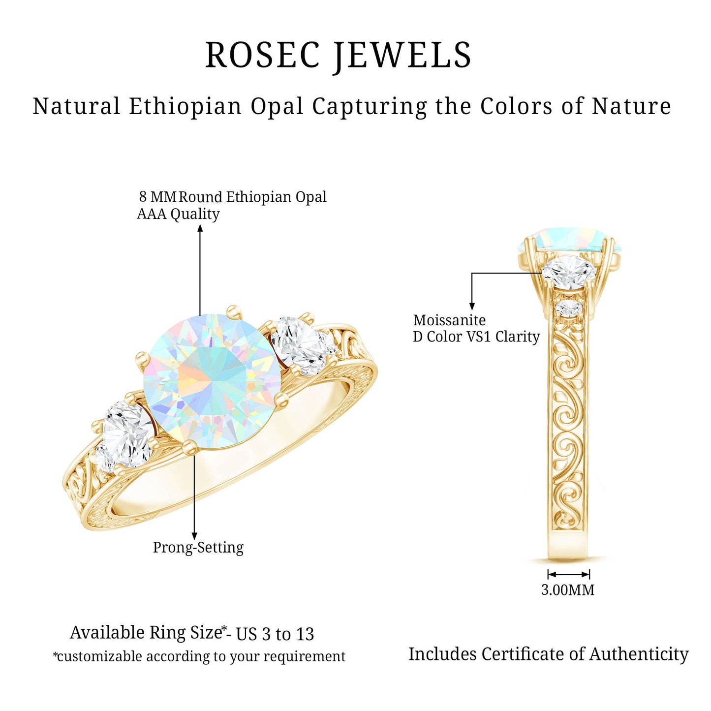 Certified 2 Carat Real Ethiopian Opal 3 Stone Engagement Ring With Certificate