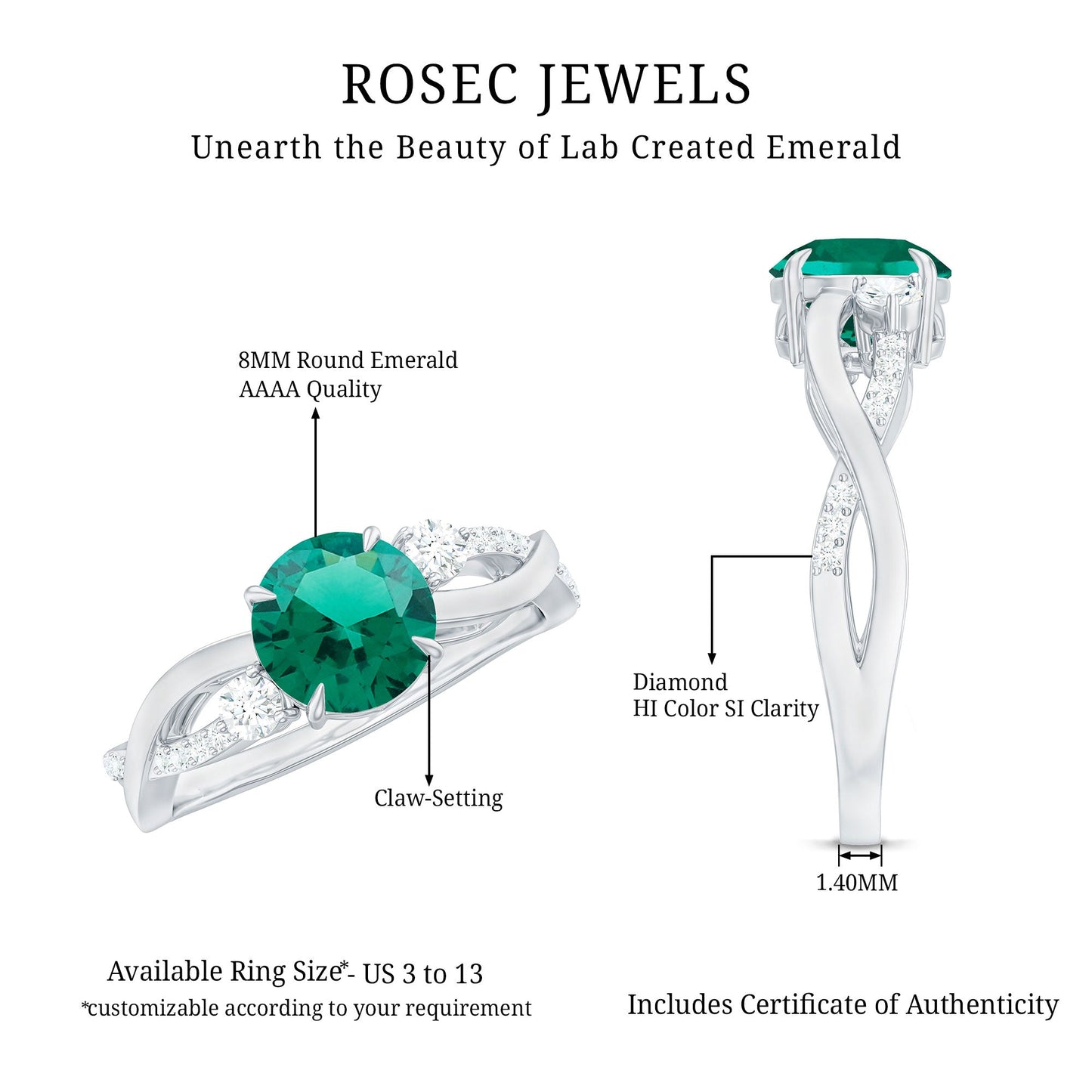 2 Carat Lab Grown Emerald and Diamond Engagement Ring with Crossover Shank