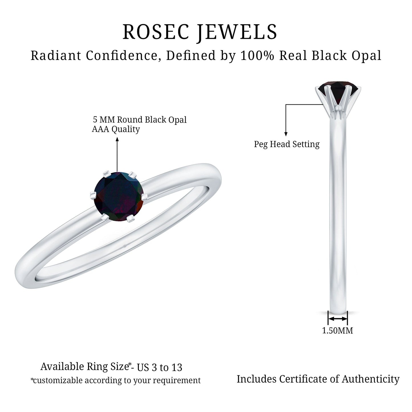 0.45 Carat Round Black Opal Solitaire Promise Ring