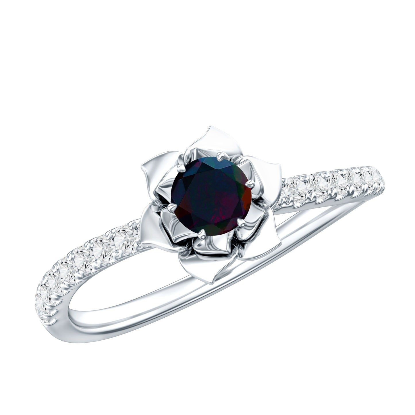 Real Black Opal and Diamond Flower Engagement Ring