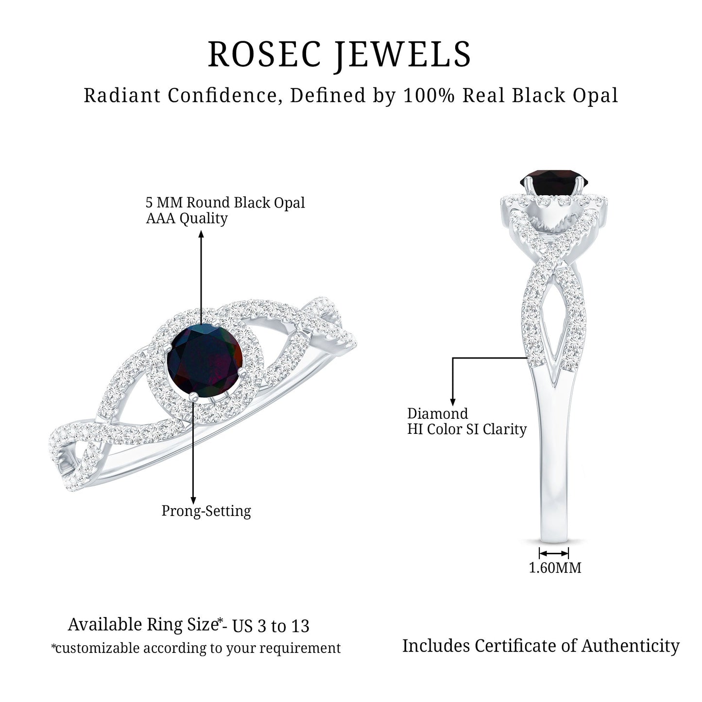 Natural Black Opal and Diamond Halo Engagement Ring