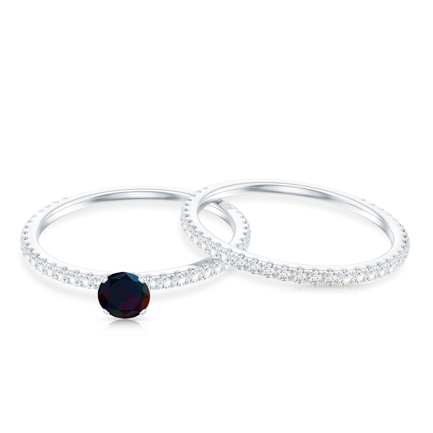 0.4 Carat Minimal Wedding Ring Set with Black Opal and Diamond