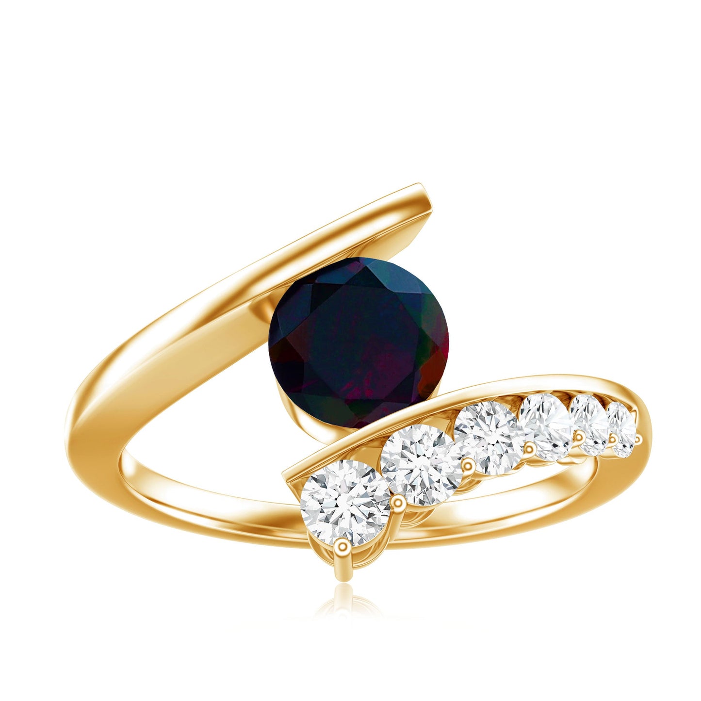 Round Black Opal Solitaire Bypass Ring with Diamond