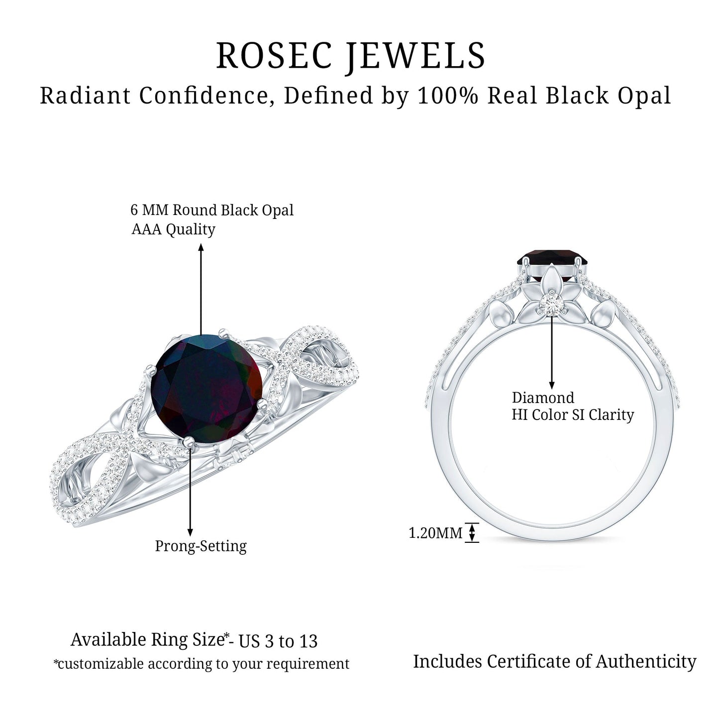 Natural Black Opal Crossover Engagement Ring with Diamond