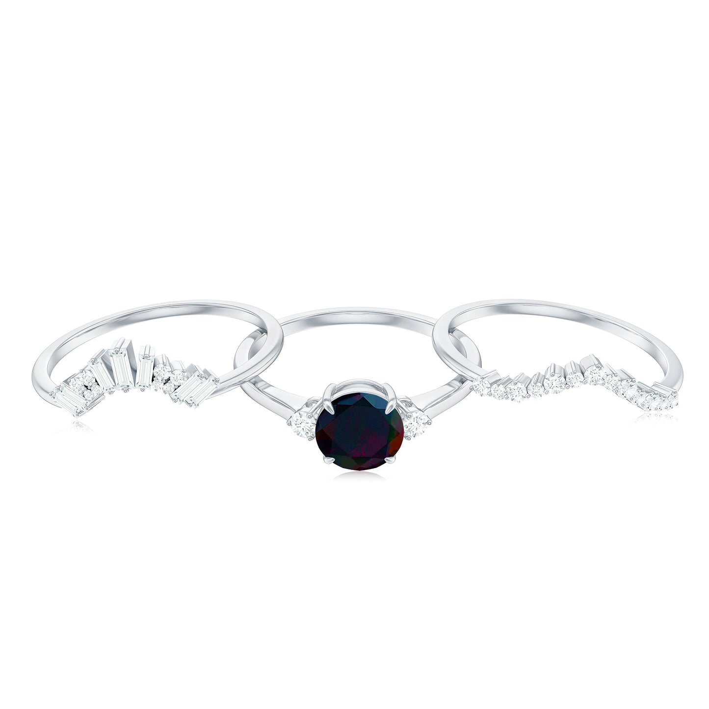 Black Opal Designer Trio Wedding Ring Set with Diamond