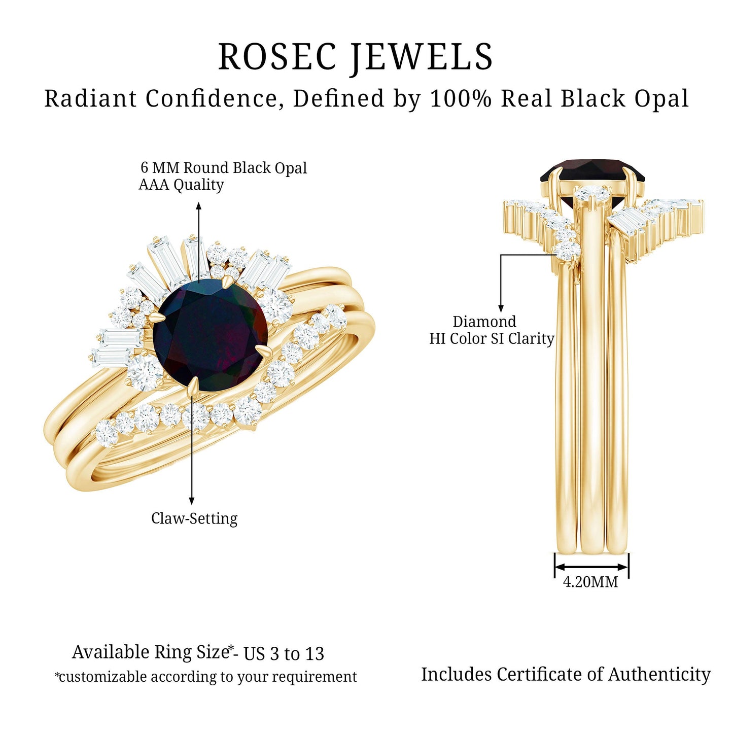 Black Opal Designer Trio Wedding Ring Set with Diamond