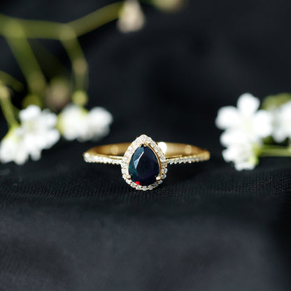 Pear Shape 1 CT Black Opal Engagement Ring with Diamond Halo