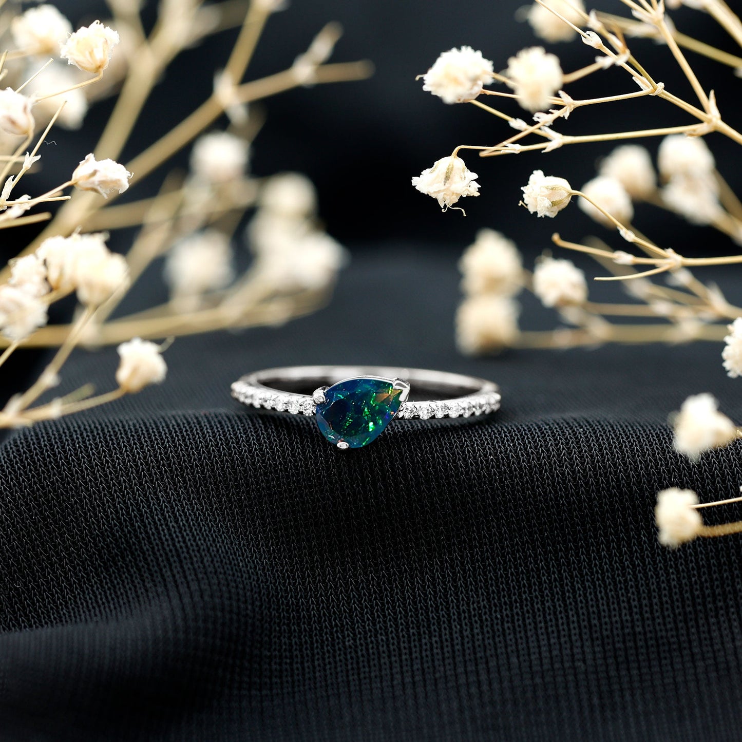 Pear Shape Black Opal Promise Ring with Diamond Side Stones