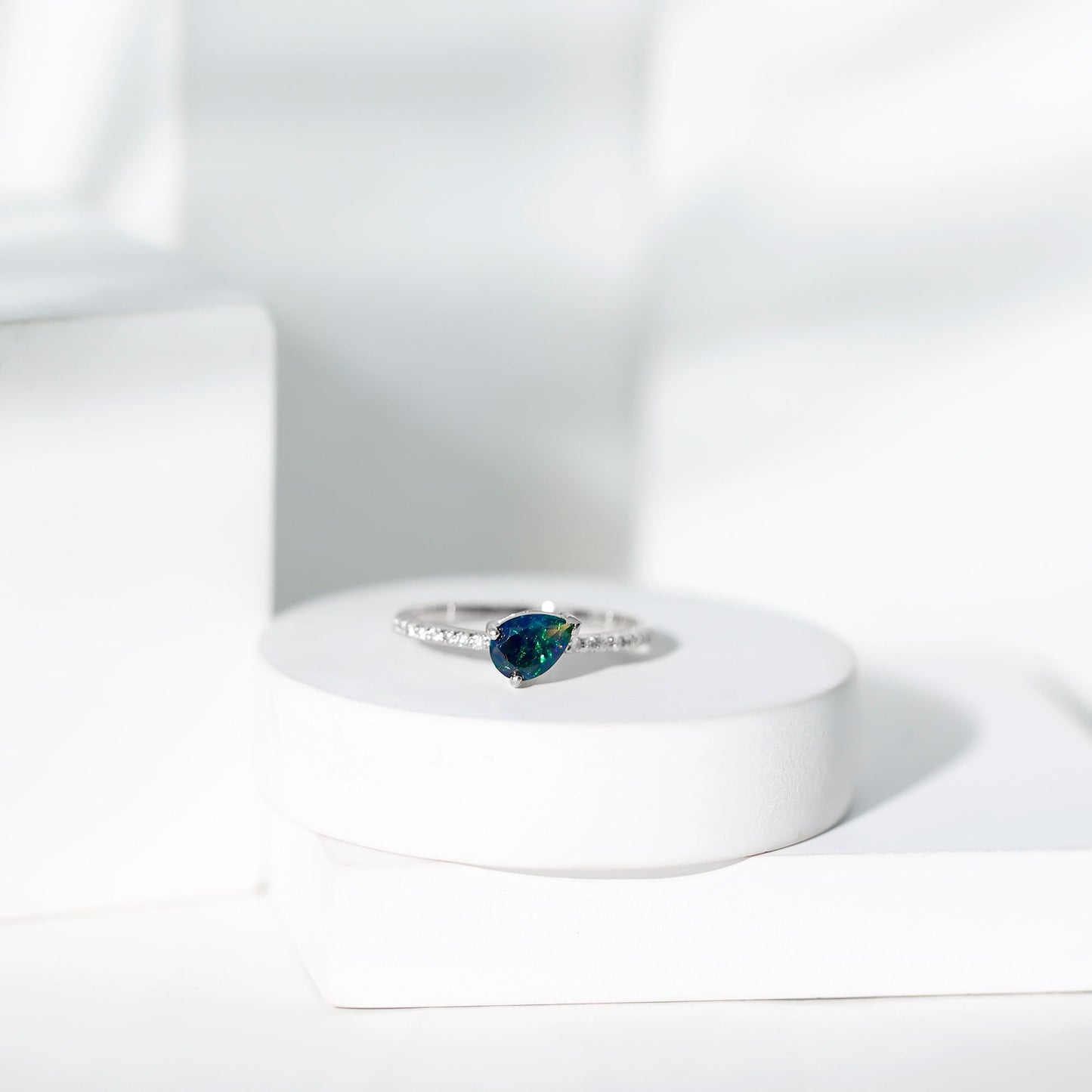 Pear Shape Black Opal Promise Ring with Diamond Side Stones