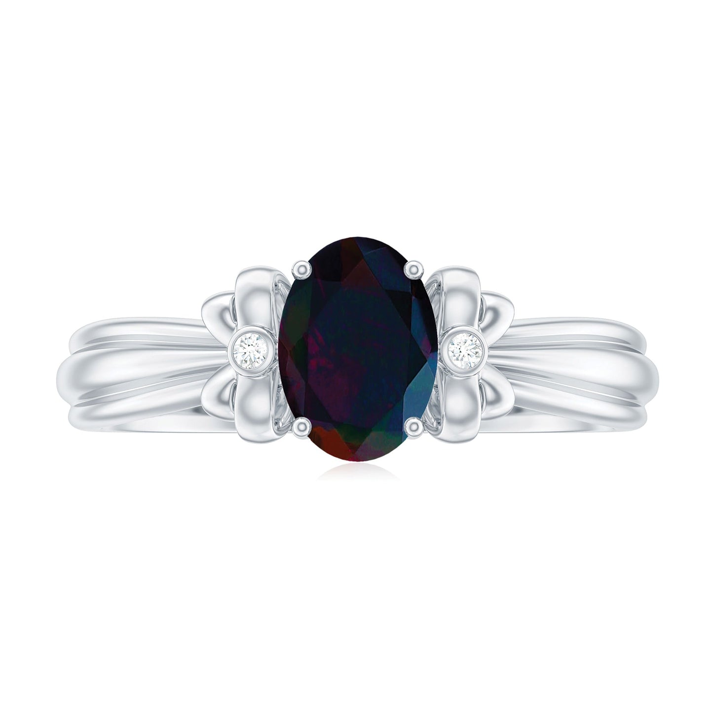 0.9 Carat Oval Cut Black Opal Solitaire Engagement Ring with Diamond