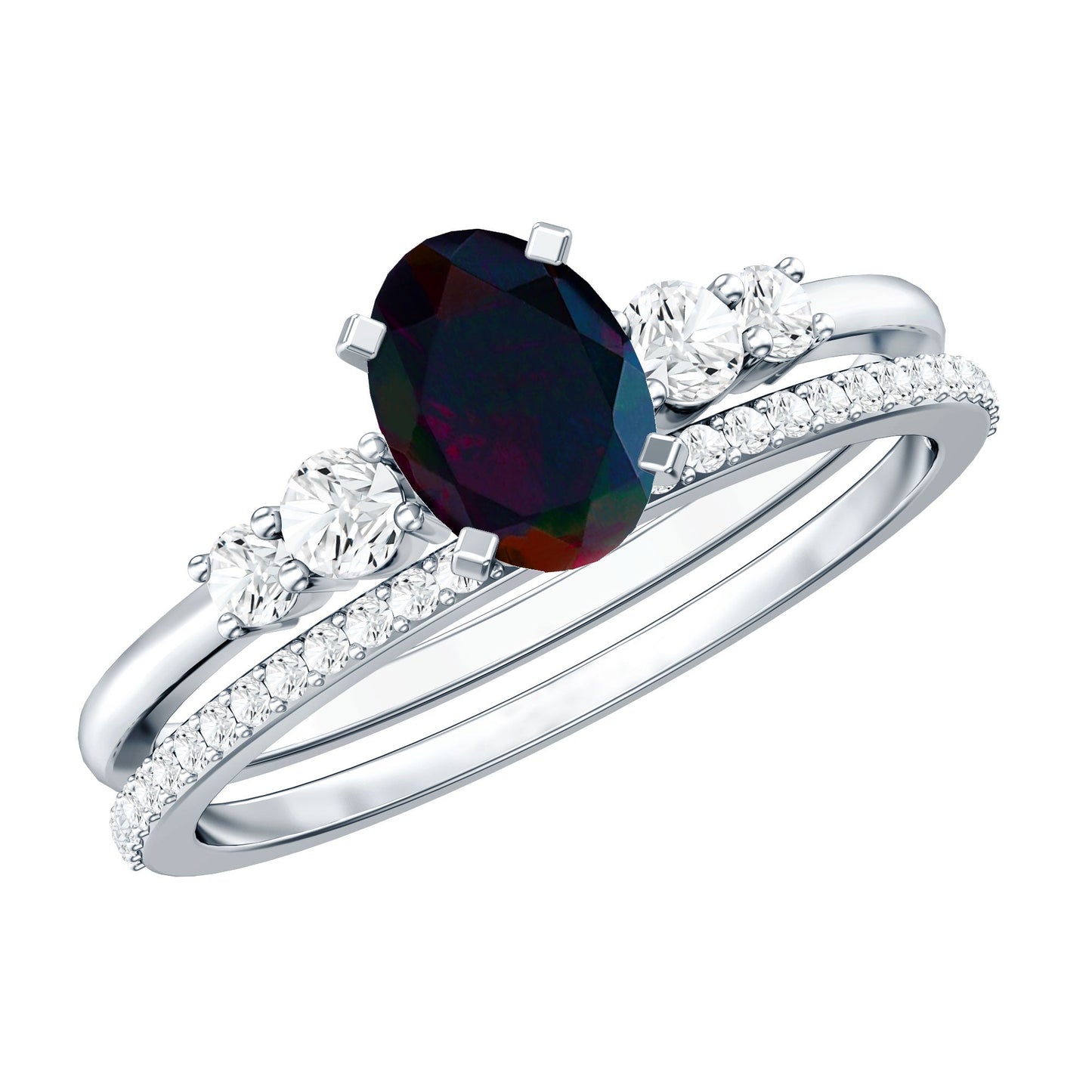 0.9 Carat Black Opal and Diamond Oval Wedding Ring Set