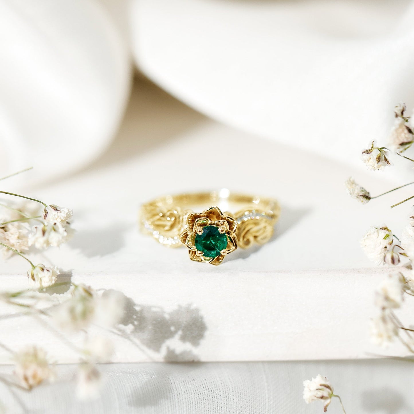 Lab Grown Emerald Diamond Flower Engagement Ring with Certificate