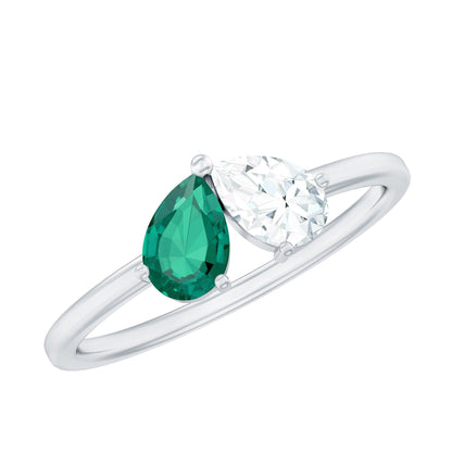 Certified Pear Shape Lab Grown Emerald Toi Et Moi Ring with Diamond