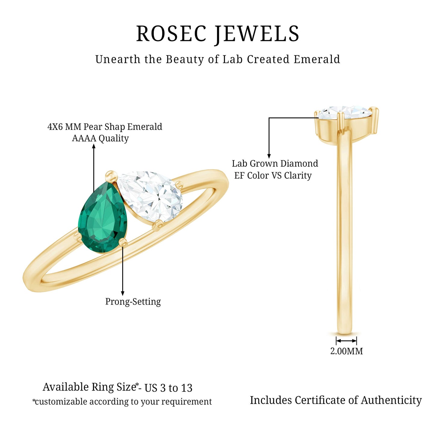 Certified Pear Shape Lab Grown Emerald Toi Et Moi Ring with Diamond