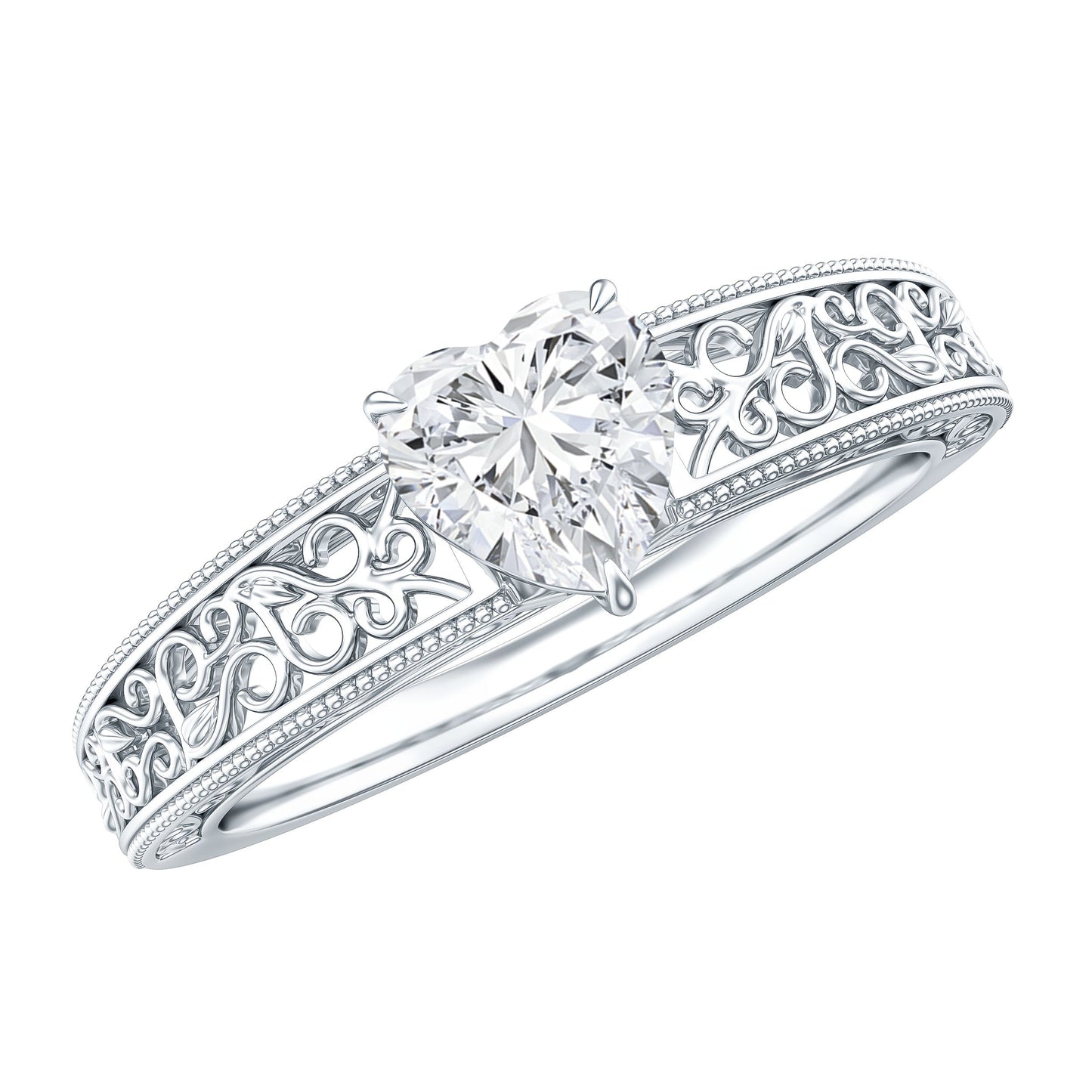 Vintage Inspired Heart Shape Lab Grown Diamond Solitaire Filigree Ring