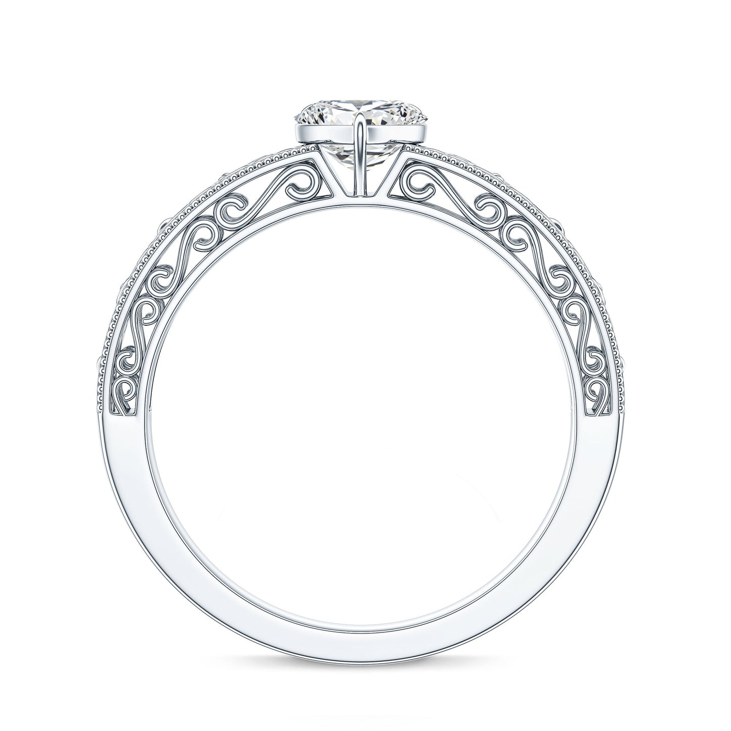 Vintage Inspired Heart Shape Lab Grown Diamond Solitaire Filigree Ring