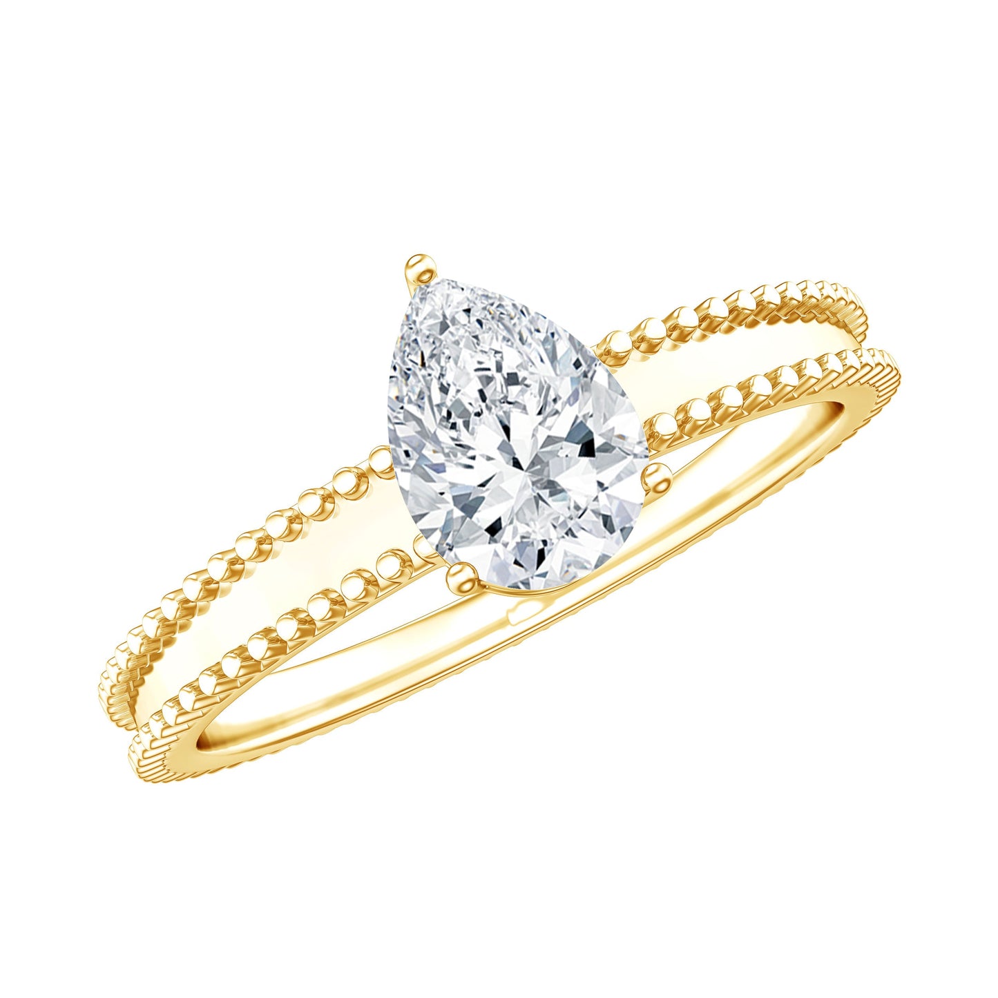 Pear Shaped Lab Grown Diamond Solitaire Ring with Beaded Detailing
